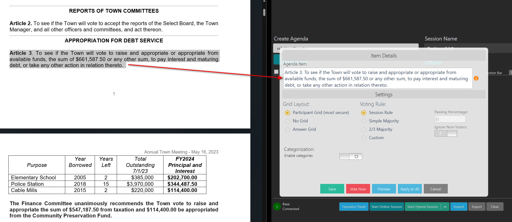 Article from Warrant to TownVOTE Agenda